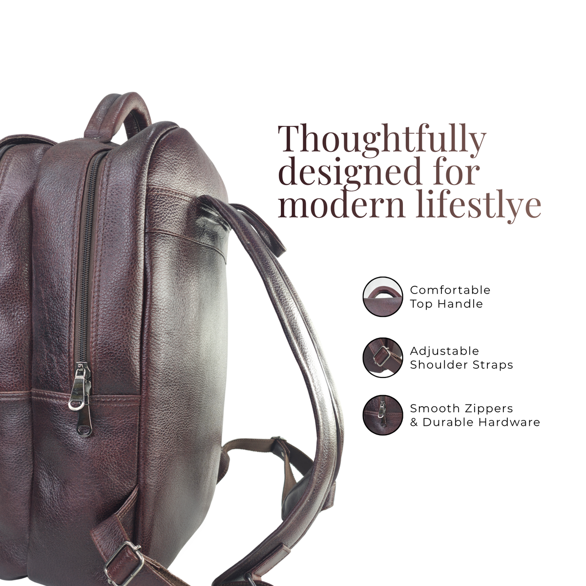 TANHOOD Avellino Genuine Leather Laptop Backpack - Dark Brown Solid Pattern Structured Backpack for Office, Travel & Everyday Carry