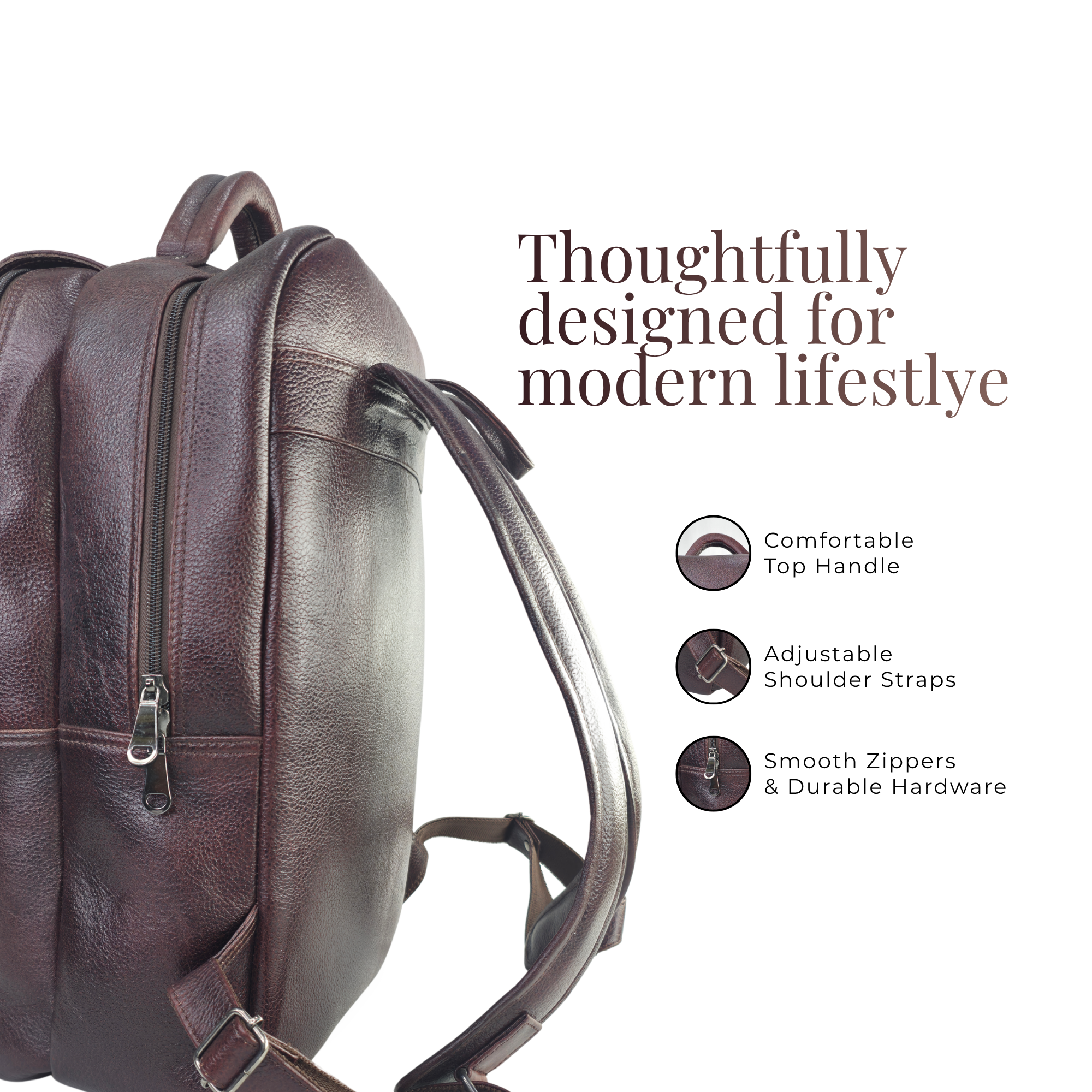 TANHOOD Avellino Genuine Leather Laptop Backpack - Dark Brown Solid Pattern Structured Backpack for Office, Travel & Everyday Carry
