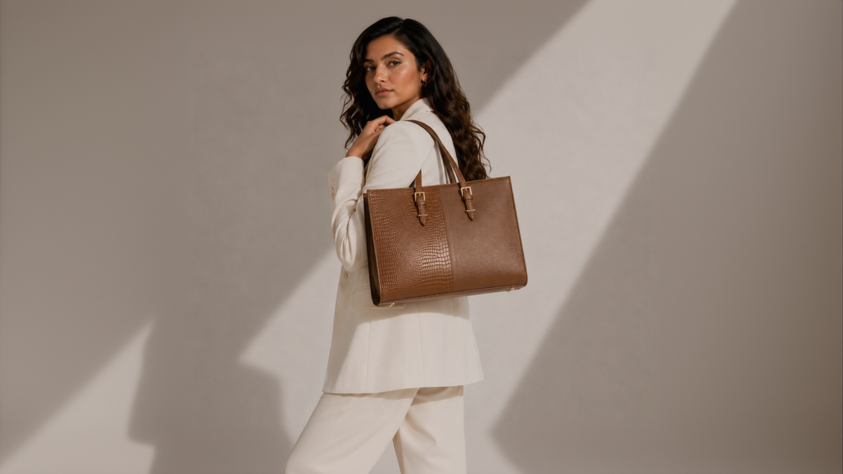 TANHOOD Latina Women’s Genuine Leather Tote Bag – Light Brown Croco & Solid Pattern Embossed with Detachable Shoulder Strap
