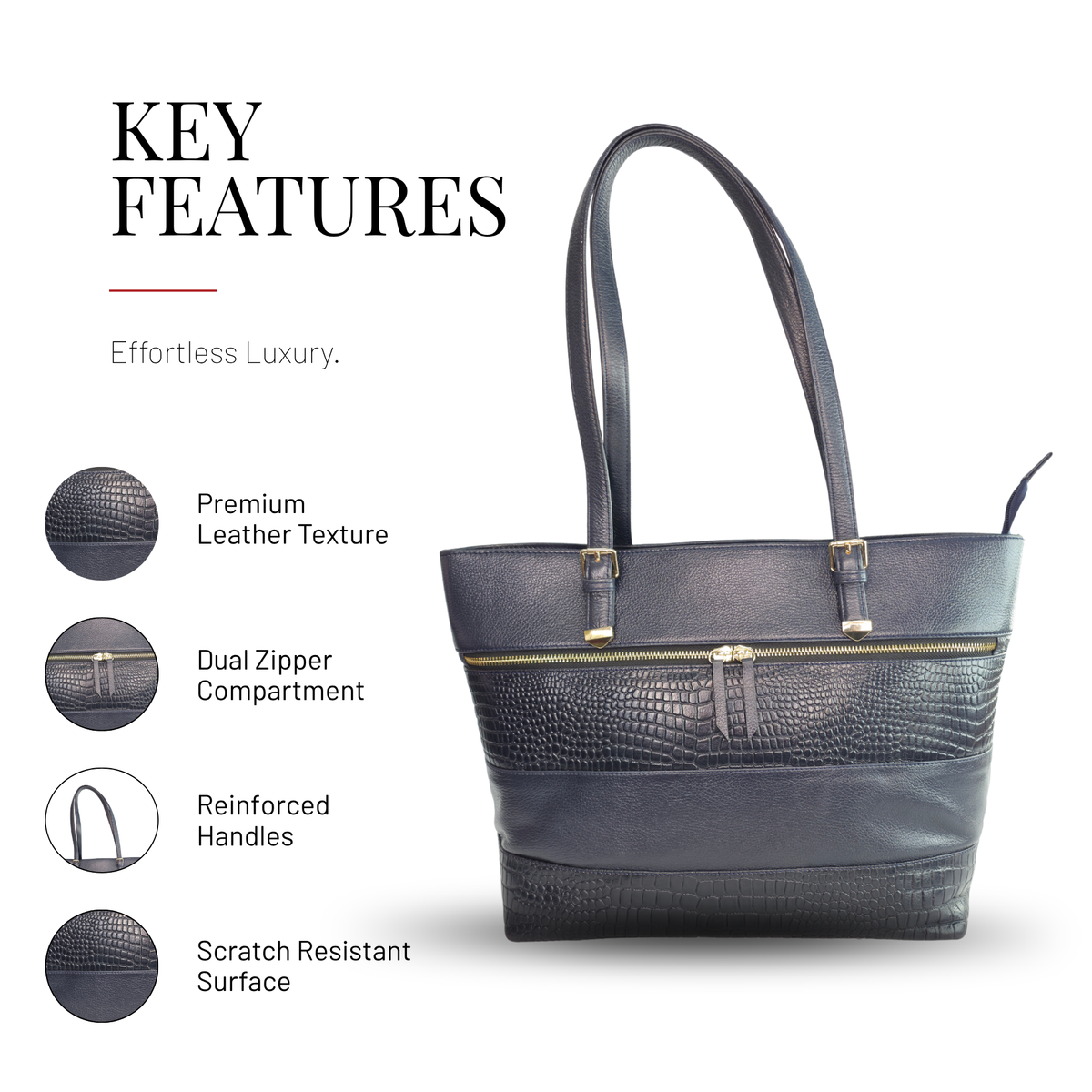 Tanhood Milan Navy Blue Genuine Leather Solid & Croco Pattern Women Tote Bag | Office Shoulder Handbag for Work, Travel & Everyday Carry