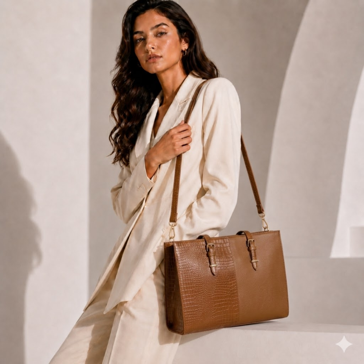 TANHOOD Latina Women’s Genuine Leather Tote Bag – Light Brown Croco & Solid Pattern Embossed with Detachable Shoulder Strap