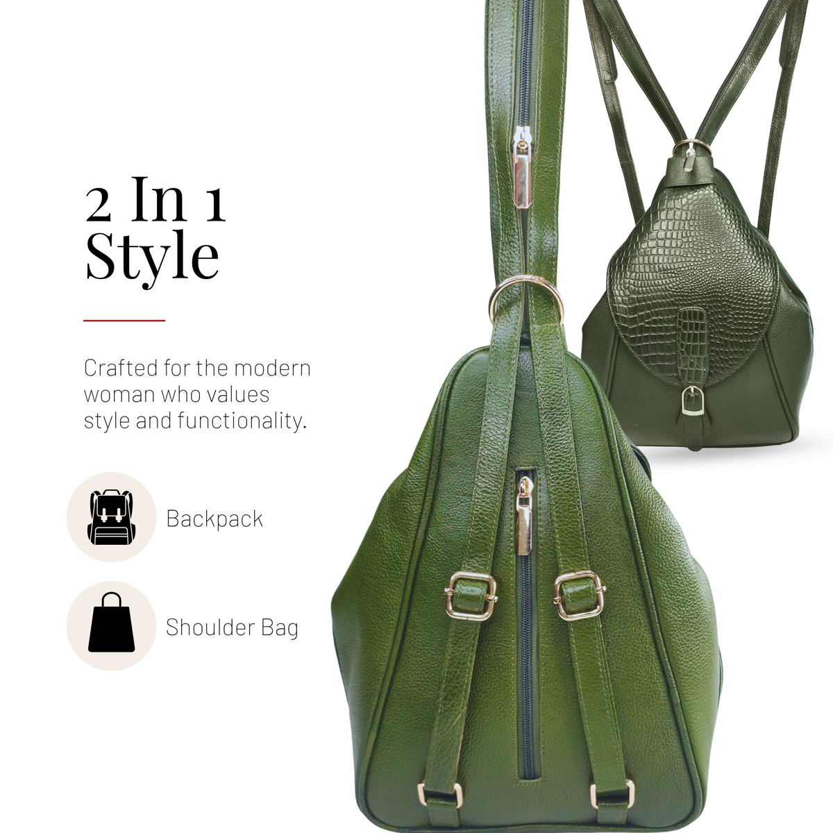 Tanhood Savona Olive Green Genuine Leather Croco Pattern 2-in-1 Convertible Backpack & Tote Bag for Women | Stylish Travel & Daily Use Backpack Purse