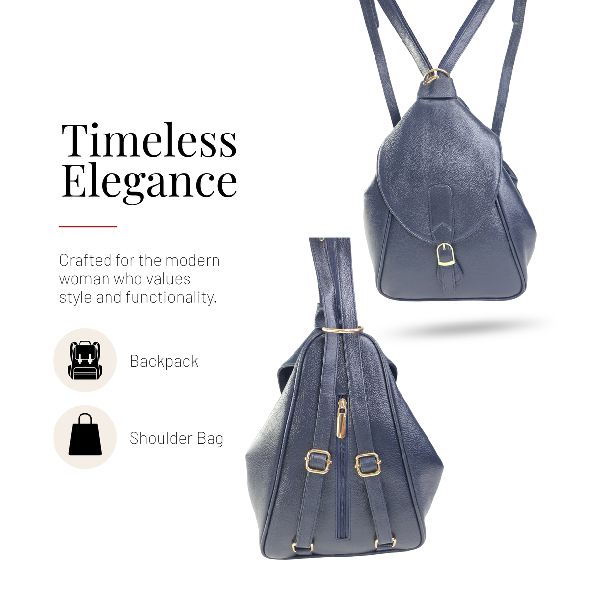 Tanhood Savona Navy Blue Genuine Leather Solid Pattern 2-in-1 Convertible Backpack & Tote Bag for Women | Stylish Travel & Daily Use Backpack Purse