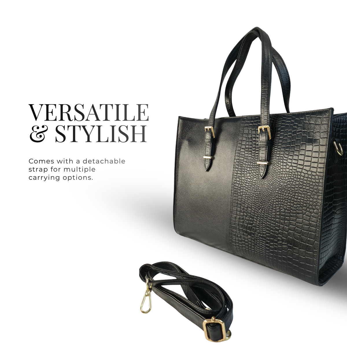 TANHOOD Latina Women’s Genuine Leather Tote Bag – Black Croco & Solid Pattern Embossed with Detachable Shoulder Strap