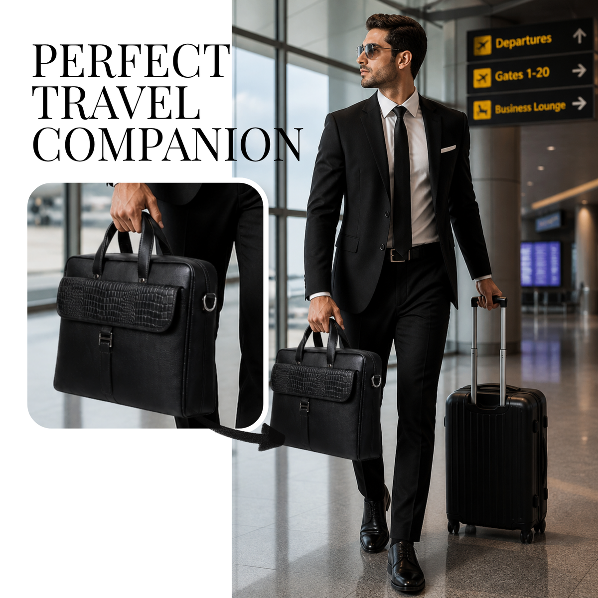 Tanhood Taranto Black Genuine Leather Croco Pattern Laptop Bag | Professional Office Messenger Bag for Men | Shoulder & Hand Carry Briefcase