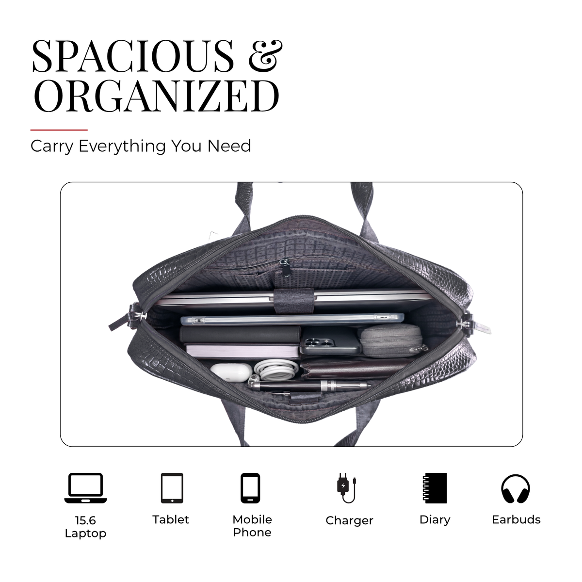 Tanhood Lucca Black Genuine Leather Croco Pattern Laptop Bag | Professional Office Messenger Bag for Men | Shoulder & Hand Carry Briefcase