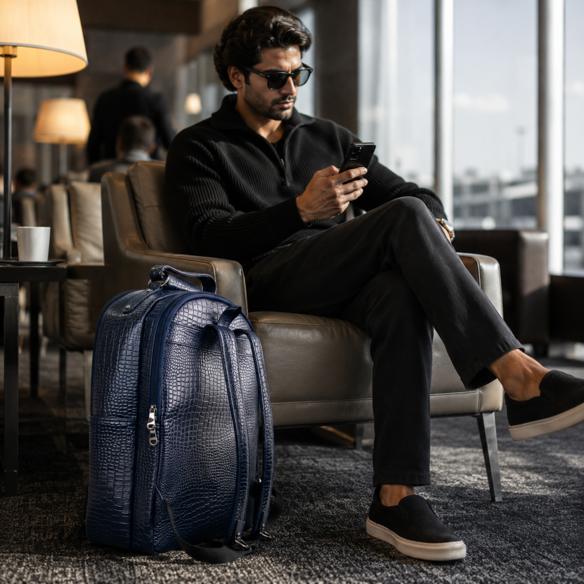 TANHOOD Foligno Genuine Leather Laptop Backpack - Navy Blue Croco Embossed Structured Backpack for Office, Travel & Everyday Carry