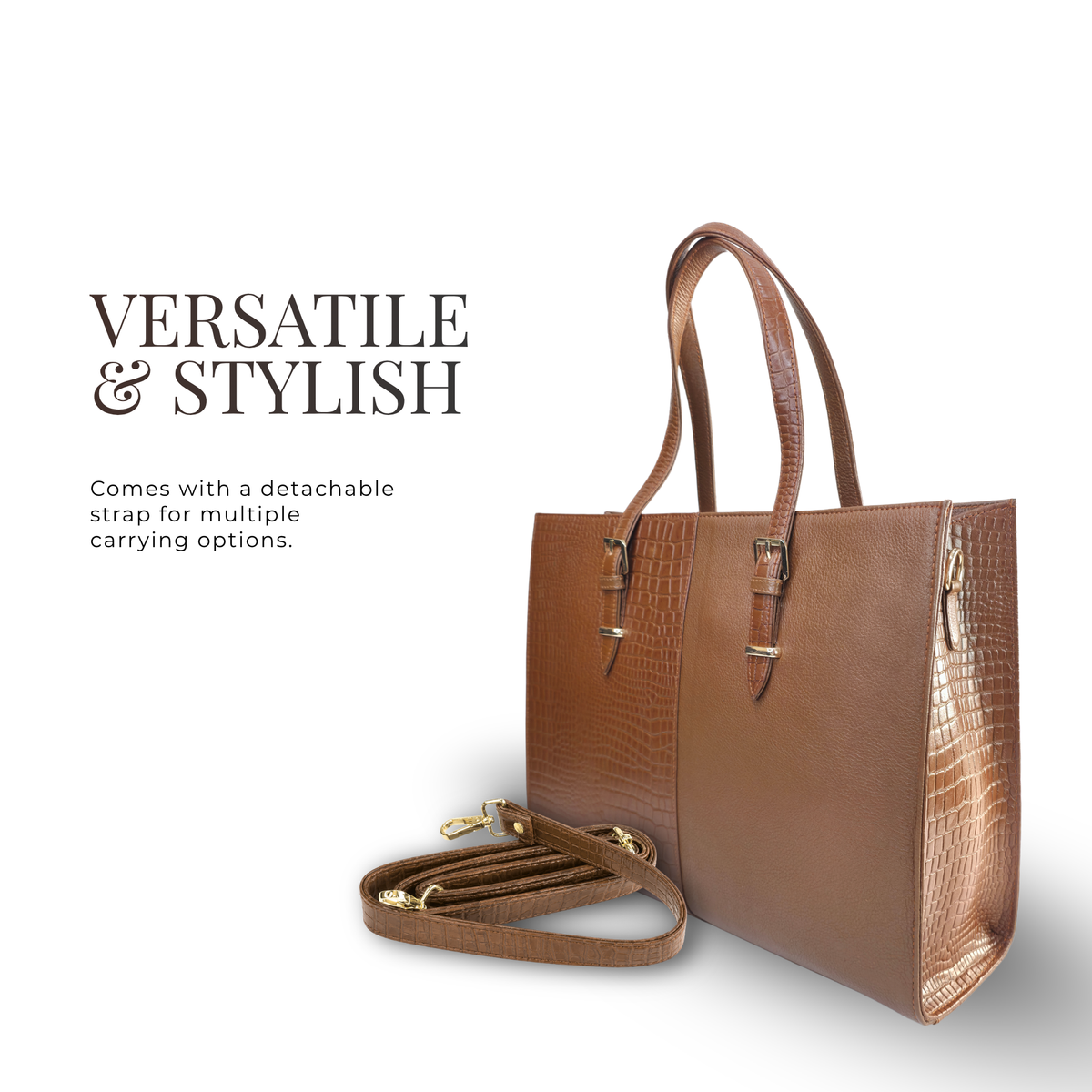 TANHOOD Latina Women’s Genuine Leather Tote Bag – Light Brown Croco & Solid Pattern Embossed with Detachable Shoulder Strap
