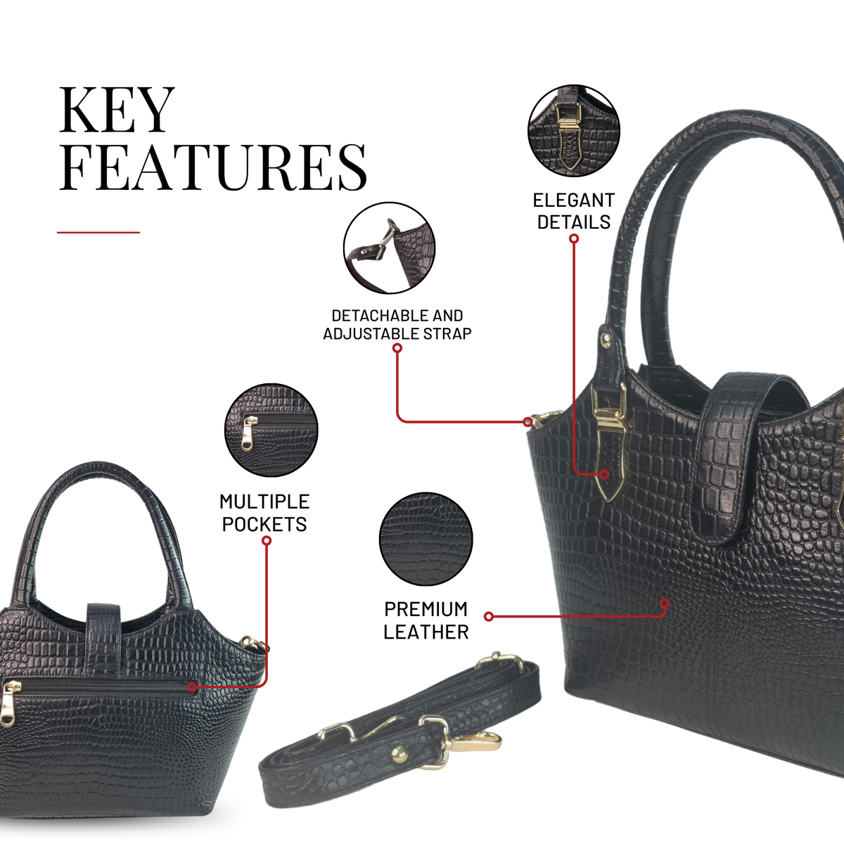 Tanhood Vittoria Black Genuine Leather Croco Pattern Women Top Handle Handbag