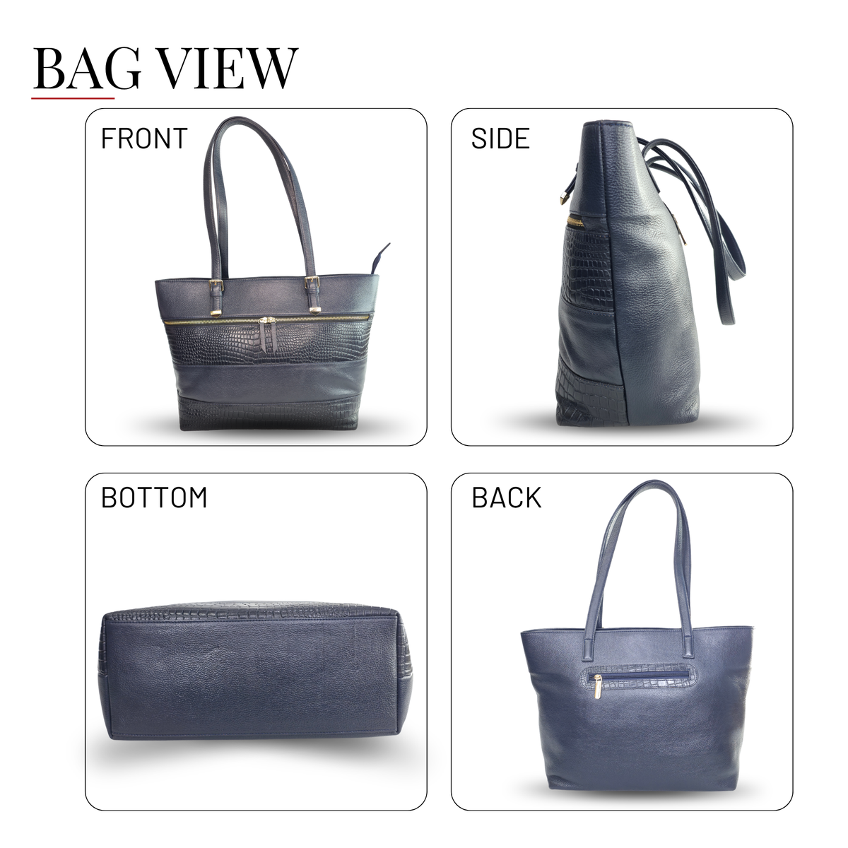 Tanhood Milan Navy Blue Genuine Leather Solid & Croco Pattern Women Tote Bag | Office Shoulder Handbag for Work, Travel & Everyday Carry
