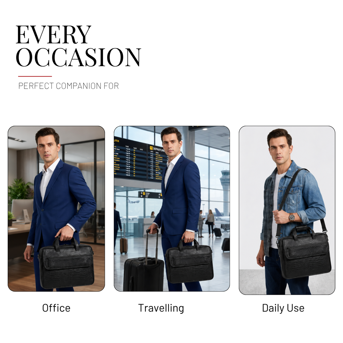 Tanhood Lucca Black Genuine Leather Croco Pattern Laptop Bag | Professional Office Messenger Bag for Men | Shoulder & Hand Carry Briefcase