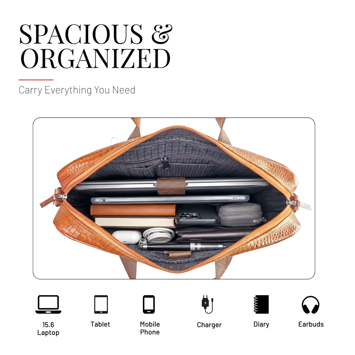 Tanhood Lucca Light Brown Genuine Leather Croco Pattern Laptop Bag | Professional Office Messenger Bag for Men | Shoulder & Hand Carry Briefcase