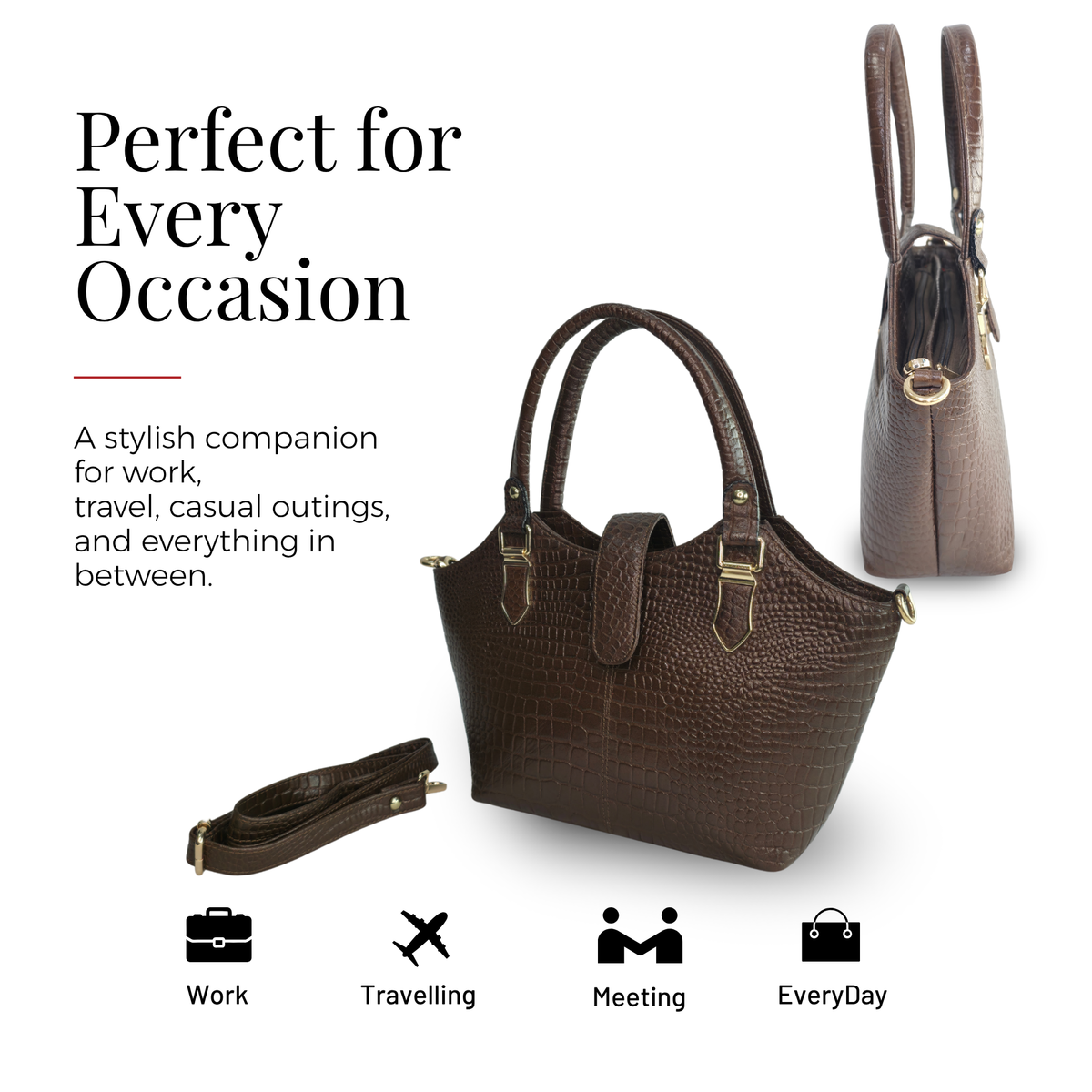 Tanhood Vittoria Dark Brown Genuine Leather Croco Pattern Women Top Handle Handbag
