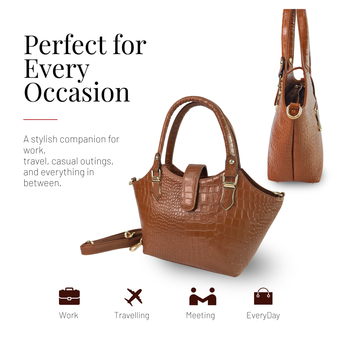 Tanhood Vittoria Light Brown Genuine Leather Croco Pattern Women Top Handle Handbag