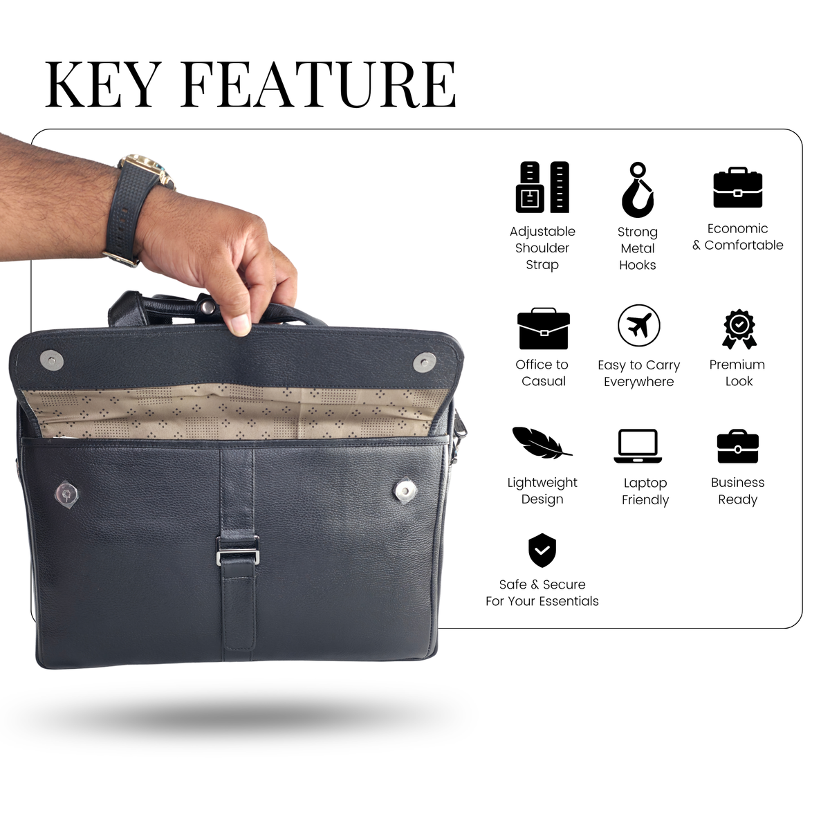Tanhood Taranto Black Genuine Leather Croco Pattern Laptop Bag | Professional Office Messenger Bag for Men | Shoulder & Hand Carry Briefcase
