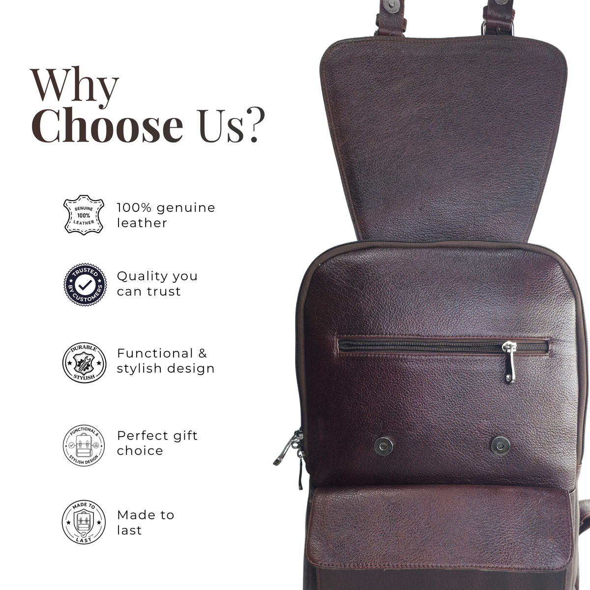 TANHOOD Avellino Genuine Leather Laptop Backpack - Dark Brown Solid Pattern Structured Backpack for Office, Travel & Everyday Carry