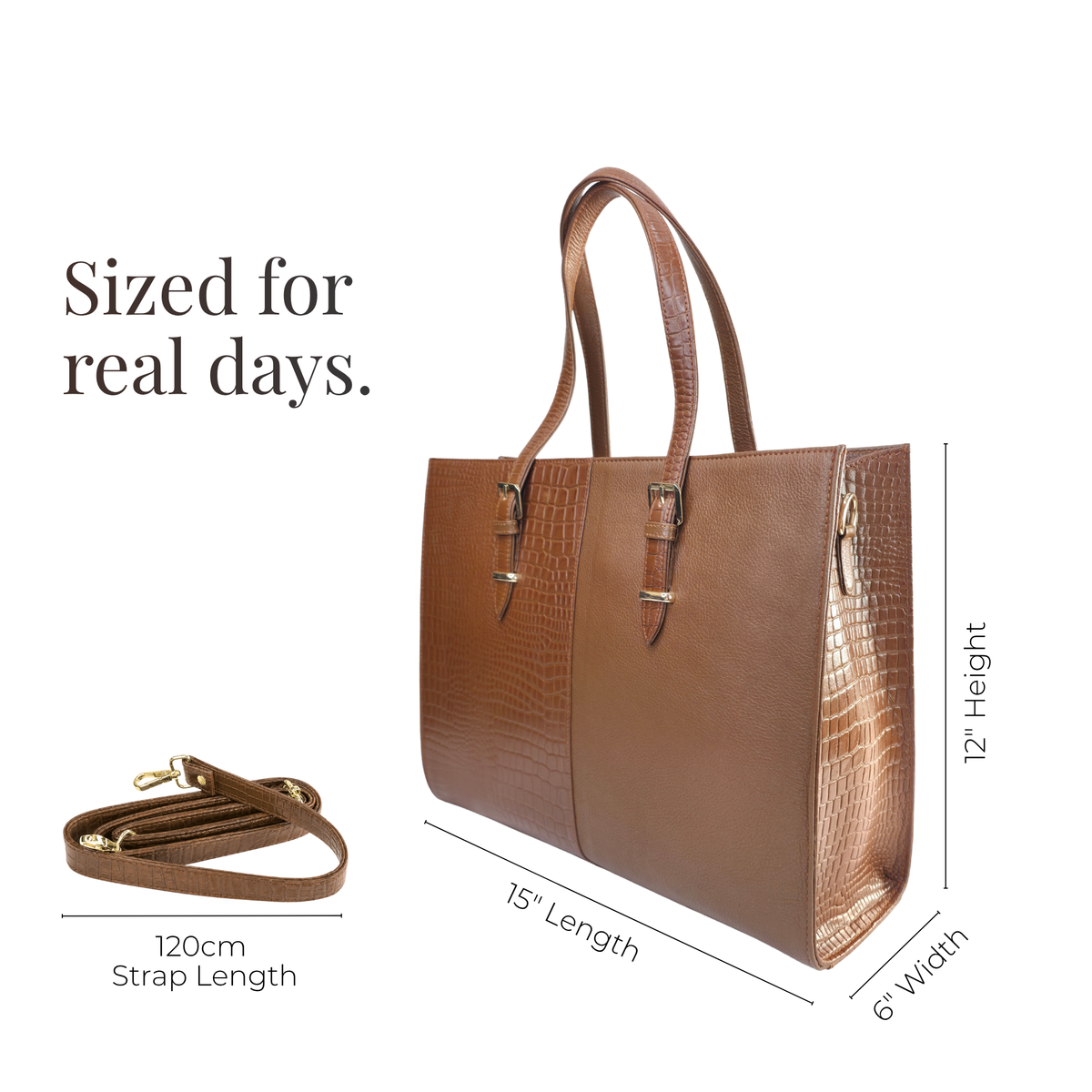 TANHOOD Latina Women’s Genuine Leather Tote Bag – Light Brown Croco & Solid Pattern Embossed with Detachable Shoulder Strap