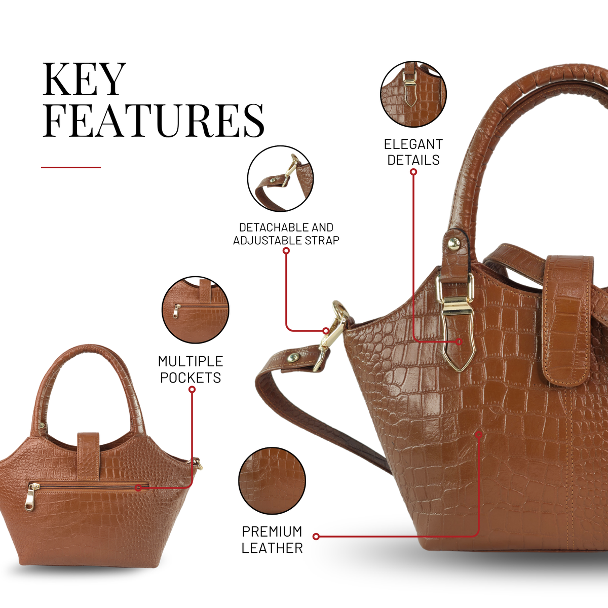 Tanhood Vittoria Light Brown Genuine Leather Croco Pattern Women Top Handle Handbag