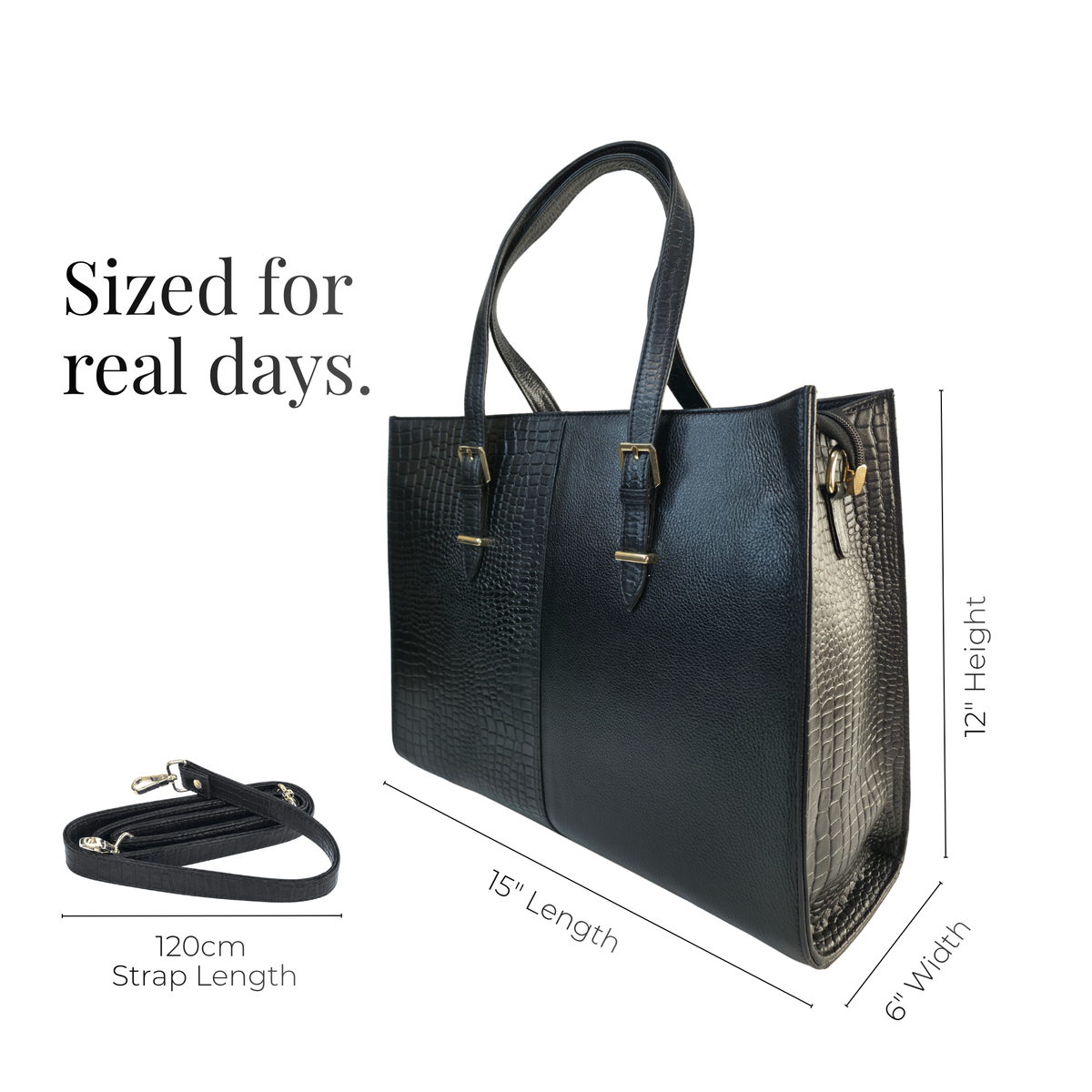 TANHOOD Latina Women’s Genuine Leather Tote Bag – Black Croco & Solid Pattern Embossed with Detachable Shoulder Strap