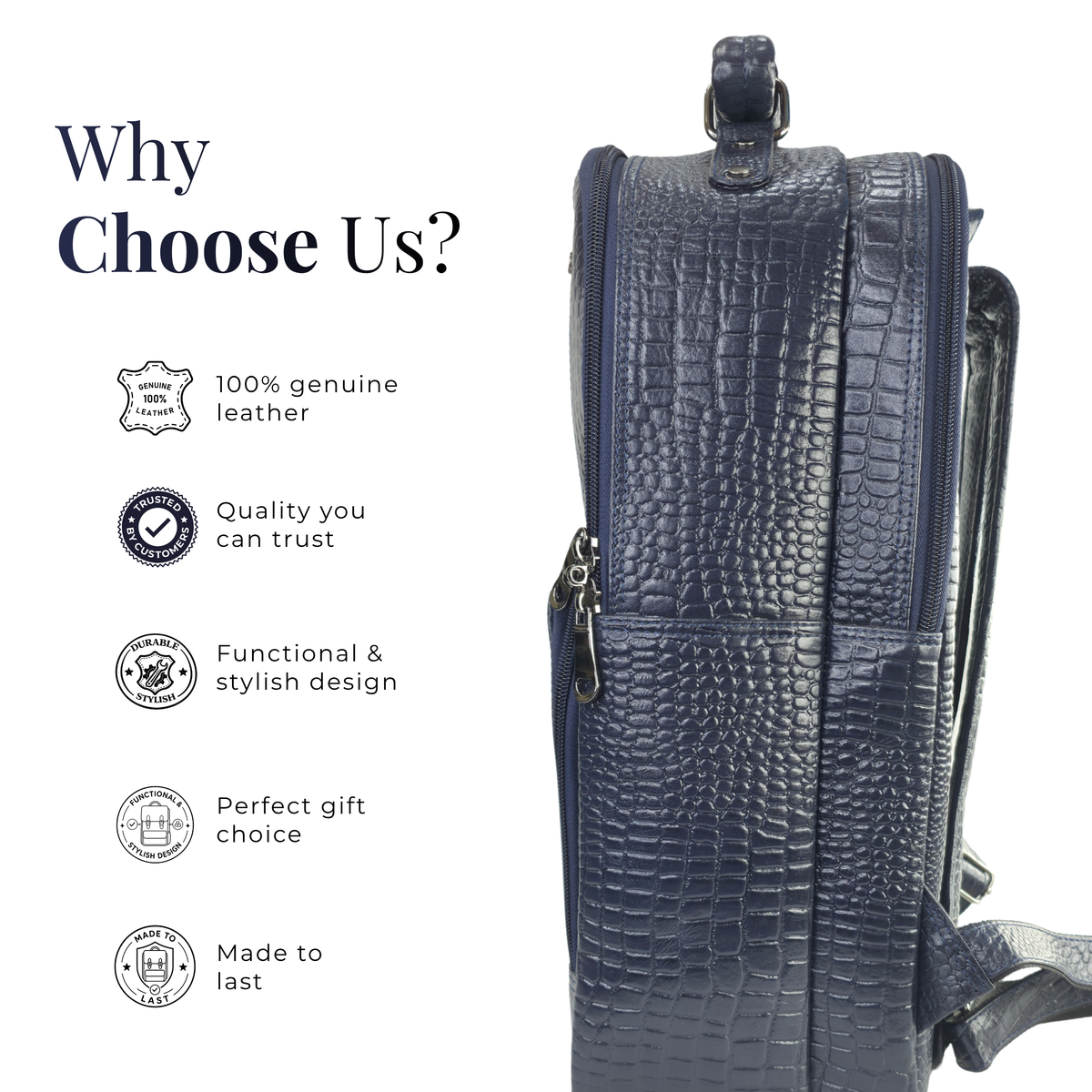 TANHOOD Foligno Genuine Leather Laptop Backpack - Navy Blue Croco Embossed Structured Backpack for Office, Travel & Everyday Carry